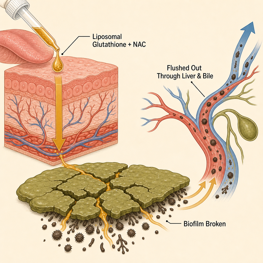 Liposomal glutathione and NAC reaching and breaking the biofilm, then flushing out through liver and bile