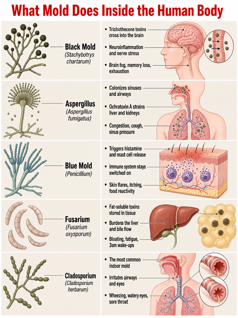 What mold does inside the human body — Stachybotrys, Aspergillus, Penicillium, Fusarium and Cladosporium