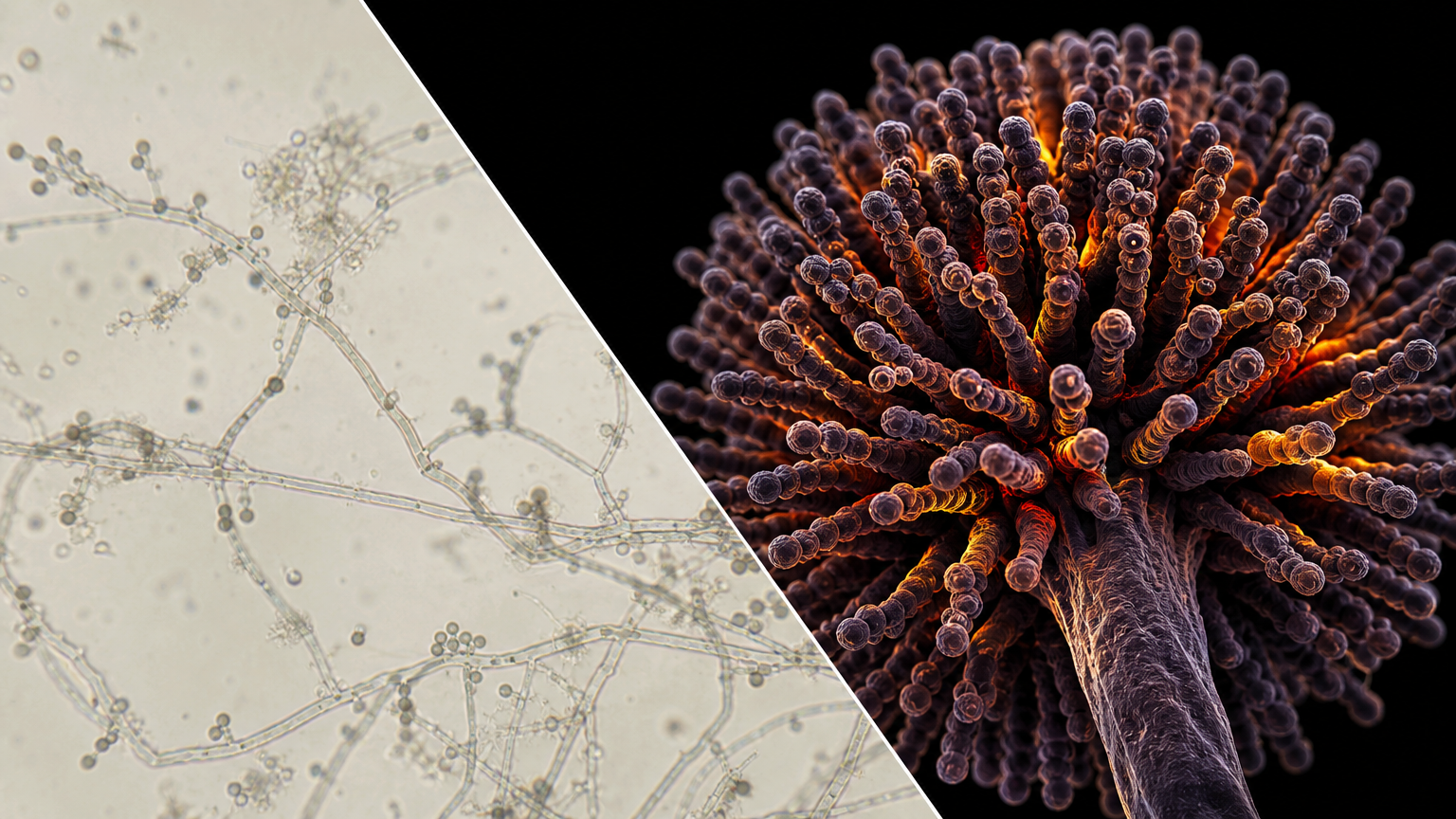 Mold under the microscope and the same spore head magnified